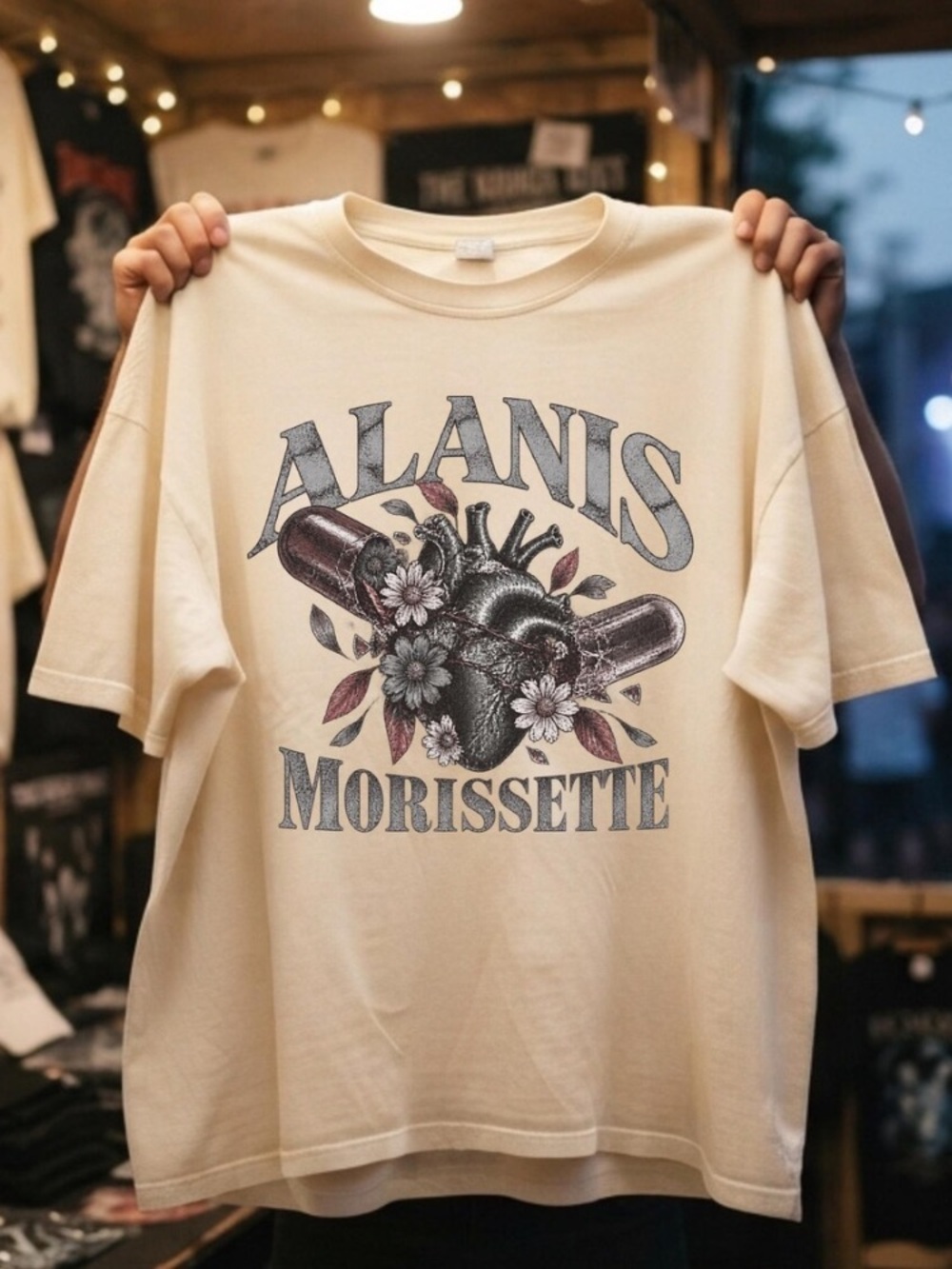 Comfort Colors Alanis Morissette Heart Pill Flowers Tour Vintage White T-Shirt